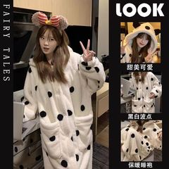 甜美公主波点睡衣女秋冬新款法兰绒睡袍珊瑚绒加厚美少女家居服