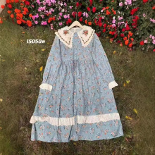 汇美2025春季新款女翻领日系棉麻连衣裙宽松中长裙百搭刺绣文艺风