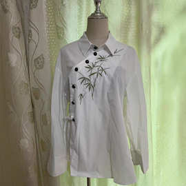 诗诗同款新中式白色翻领衬衫竹子印花国风斜襟盘扣系带上衣秋