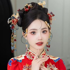 起爆減齢花嫁卸売り復古紅金色贅沢大気鳳冠古典龍鳳衣秀禾ドレス頭飾り