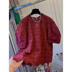 高級フレンチレッドパフスリーブ刺繍レース半袖シャツ、ファッショナブルな年齢軽減ベビードールシャツ、女性用ルーズトップ