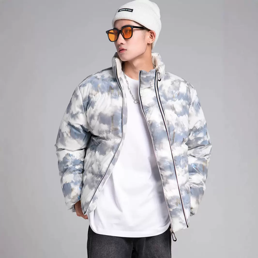 设计师款冬季加厚棉衣立领情侣款潮牌扎染棉服外套双排拉链棉袄