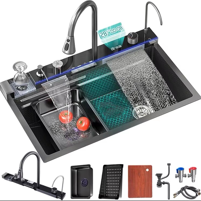 Copper Faucet Whale Sink 304 Nano Black Stainless Steel Household Kitchen Sink with Digital Display Single Sink Smart Digital Display