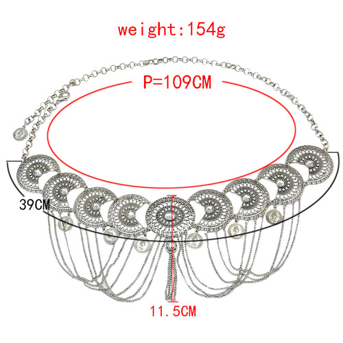 New exaggerated alloy silver-plated diamond waist chain coin tassel Hanfu accessories versatile hollow belly dance waist chain