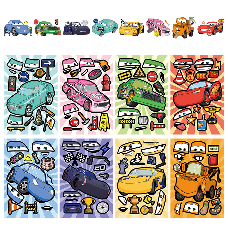 8 Kidsren's Toy Racing Stickers Collage Face-Changing DIY Kidsren's Educational Handmade Assembly Stickers Waterproof Material Stickers