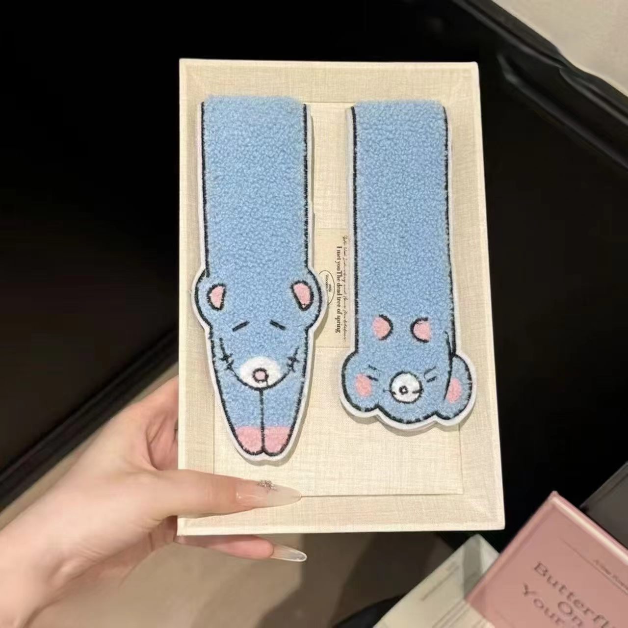 Cute long animal mouse hair band for face washing and bangs, dual-use for bun hairstyle, sweet and adorable hair accessory