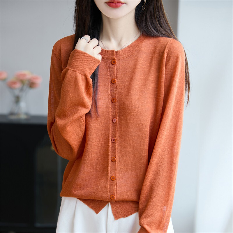 Bamboo Linen Knitted Cardigan Women's Summer Thin Coat Sun Protection Clothing Summer Loose Outer Shawl Air-Conditioning Shirt Fruit Green