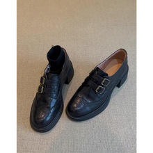 头层牛皮~真皮复古圆头雕花乐福鞋女春秋新款英伦粗跟小皮鞋单鞋