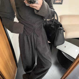 复古宽松格子休闲裤慵懒风阔腿裤女冬季高腰毛呢直筒裤拖地裤长裤
