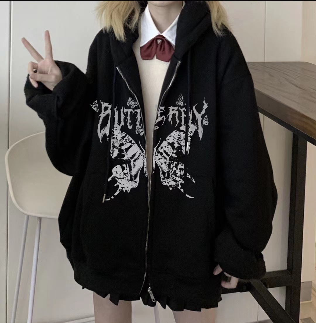 Gothic Kapuzenpullover Mit Schmetterling Unisex Zip-up Sweatshirt_voghion.com