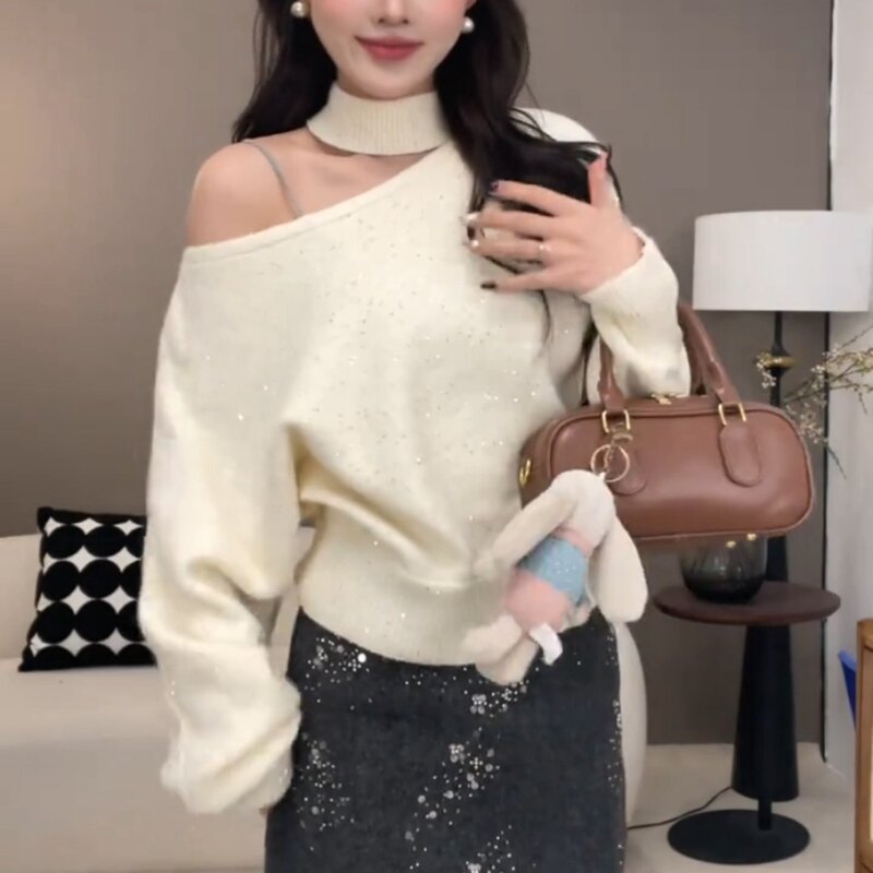 Red Halter Neck Sequined Christmas Sweater for Women, Autumn/Winter 2025 New Style, Lazy Style, Loose Fit, Slimming, Off-Shoulder Knit Top