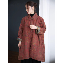 现货秋冬季新棉麻女装中式民族风盘扣宽松大码中长款棉衣棉袄外套