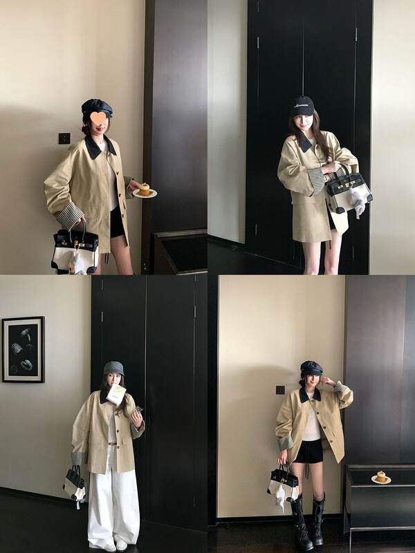 高智巴恩风卡其色风衣撞色格纹拼接短款宽松外套女秋季新款流行潮|undefined