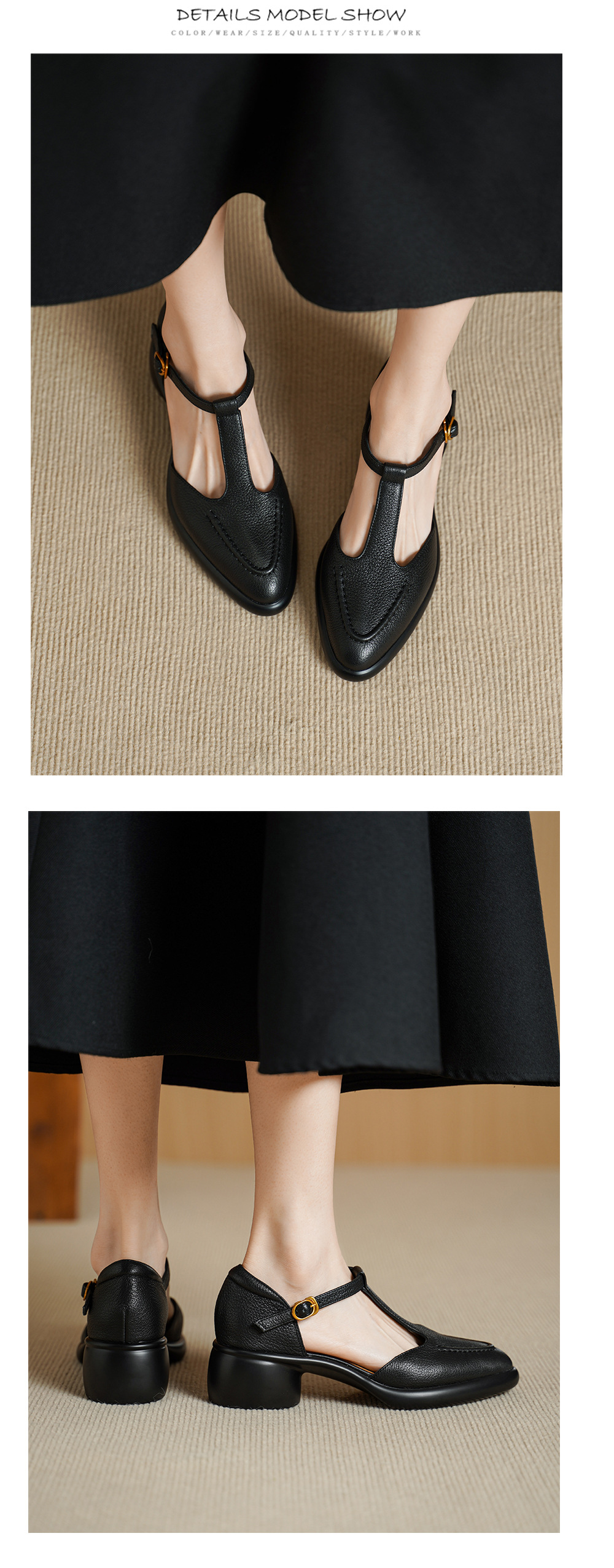 Sandal nữ quai chữ T gót vuông 5 cm mũi kín hở gót phong cách vintage — đen chi tiết 10