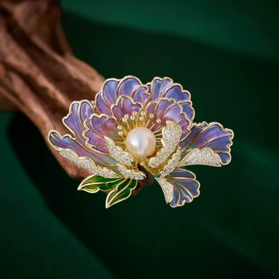 Chinese Style Natural Freshwater Pearl Classical Enamel Peony Flower Brooch Flower Blooming Rich Niche Accessible Luxury Elegant Corsage (Yaxa sancaqları) - purple