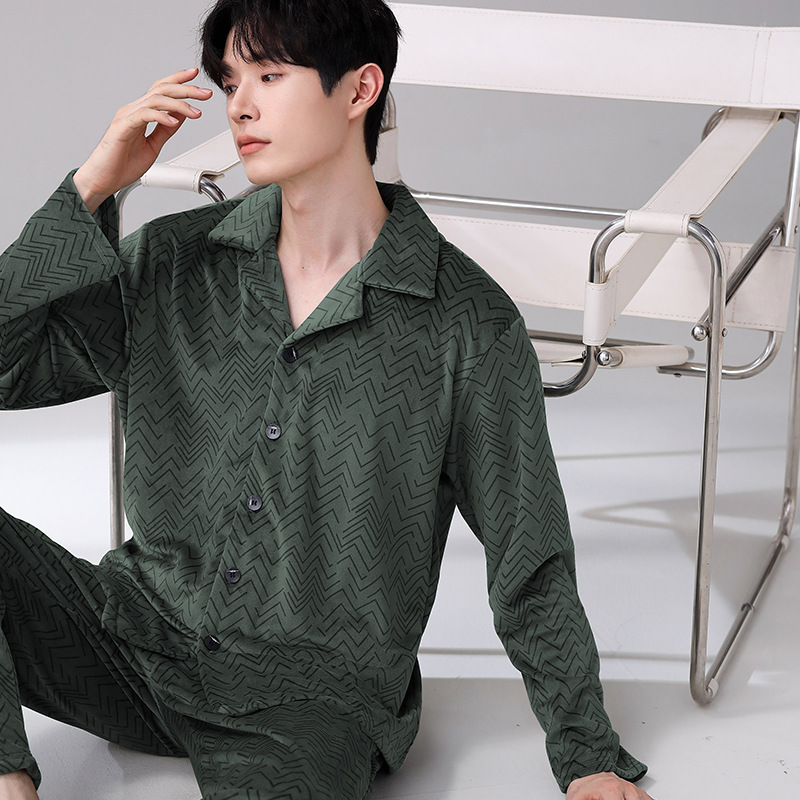 아일랜드 벨벳 가디건 인 가을 겨울 잠옷 남성용 옷깃 긴팔 바지 간단한 가정 의류 세트 외부 착용 가능