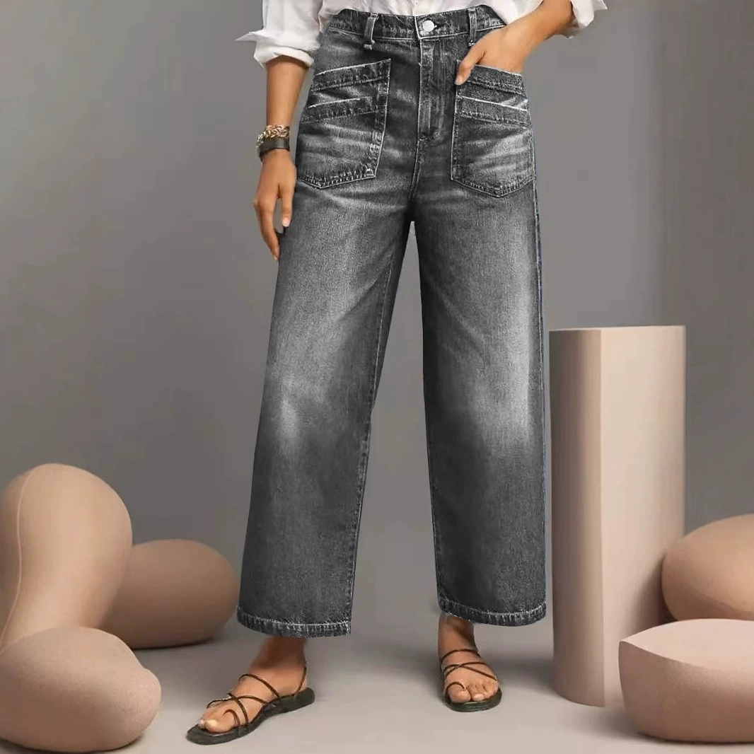 Трансграничные европейские и американские эластичные широкие джинсы средней посадки больших размеров с потертостями по краям, матовой тканью, диагональными карманами и укороченной длиной.