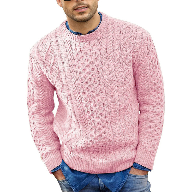 Cross-Border Pink Sweater Men's 2025 Autumn and Winter New Slim Fit Pullover Knitted Cable Sweater European and American Amazon Men's Clothing
