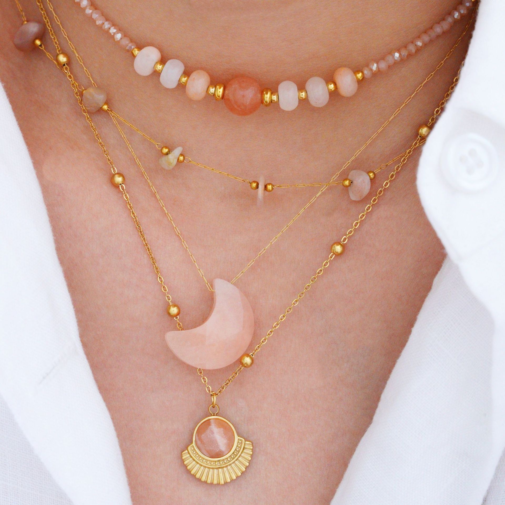 IG Style Casual Geometric Sector Moon Natural Stone Titanium Steel Natural Stone Pendant Necklace Necklace In Bulk display picture 1