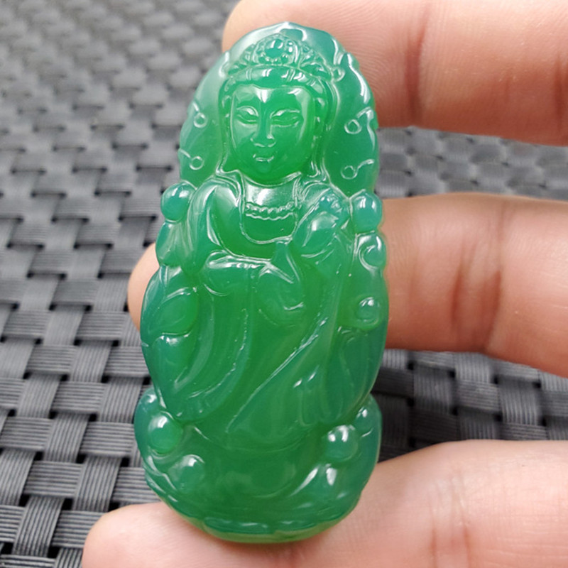 玉石挂件冰种绿玉髓观音挂件碧绿色玛瑙玉髓观音吊坠火焰观音吊坠