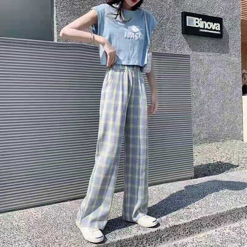 2022春夏新作チェック柄ワイドパンツ レディース 大きめサイズ 着痩せ効果のあるドレープ感のあるストレートレッグ ゆったりカジュアル ロング丈パンツ 快適|undefined