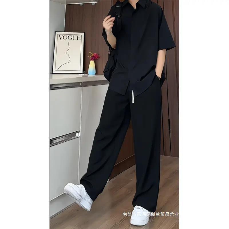 Black Ice Silk Quick-drying Pants Men's Summer Thin Duffy Handsome Drapy Shirt Pants with Handsome Two-piece Set
