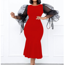 D172亞馬遜歐美女裝網紗拼接包臀緊身性感修身跨境大碼非洲連衣裙