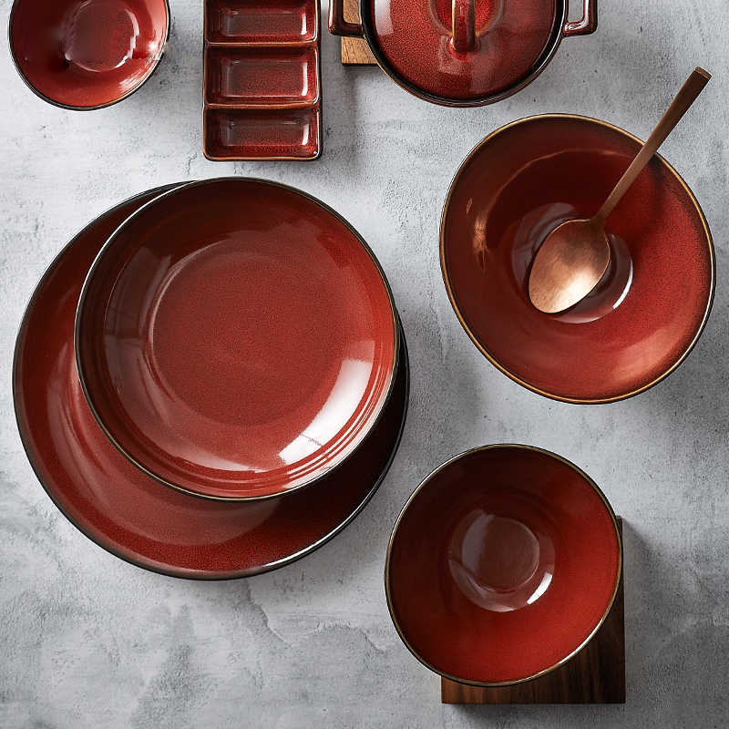 LZ Luxang cerámica horno de platos rojos coloridos horno de cubiertos de lujo ligero ensalada de frutas americana platos de platos para el hogar