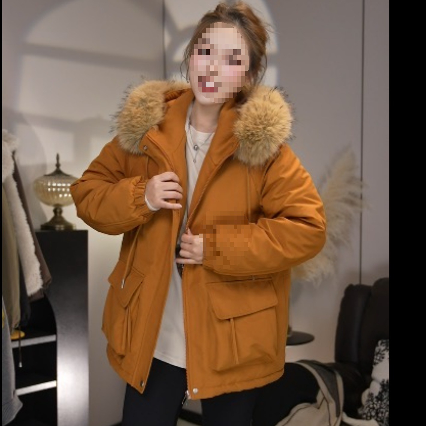 【全身加绒】加绒加厚派克服外套女韩系慵懒风大毛领休闲中长款棉