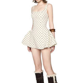 欧美风2025春季新款小众优雅圆点无袖a字吊带修身气质中长连衣裙