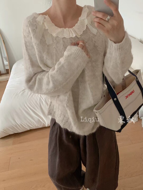 温柔风蕾丝拼接长袖针织衫女秋冬立体蝴蝶结打底毛衣软糯套头上衣|undefined