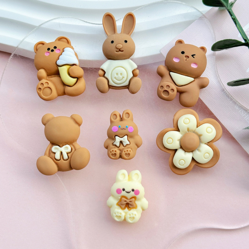 Curry esmerilado oso conejo resina diy accesorios joyería caja de teléfono móvil agujero zapatos agujero parches clip para el pelo material de joyería para el pelo