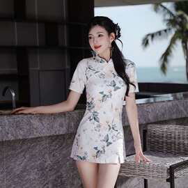 中国风泳衣女复古旗袍淡雅保守半袖带领连体裙式小香风温泉游泳装