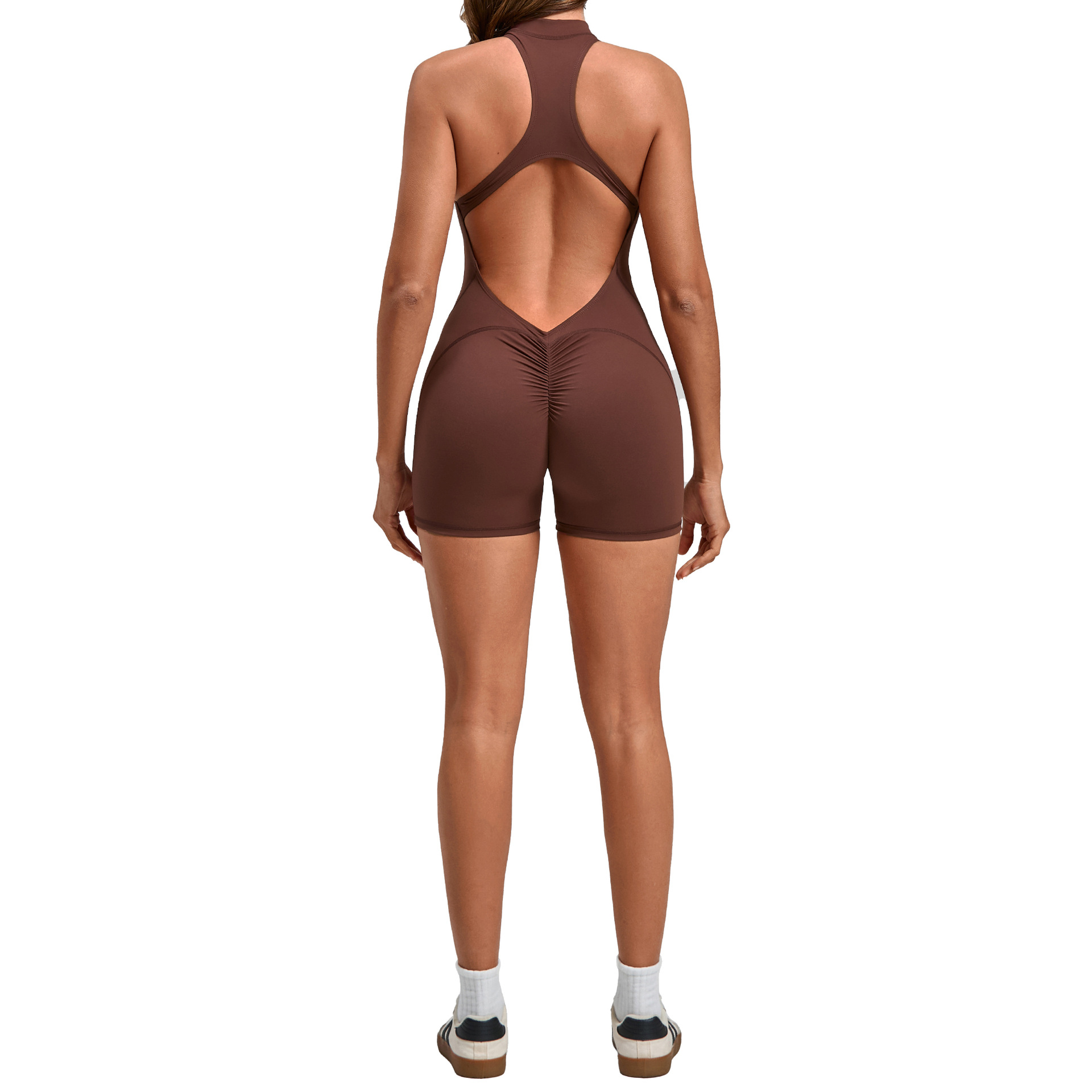 Peach Hip de una sola pieza de secado rápido plisado mono de fitness Pantalones de yoga deportivos ajustados no tejidos europeos y americanos con cremallera