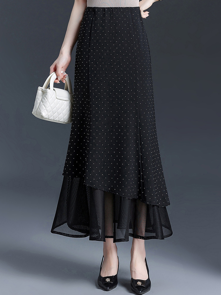 Long black elegant fashionable summer shiffon fitted skirt