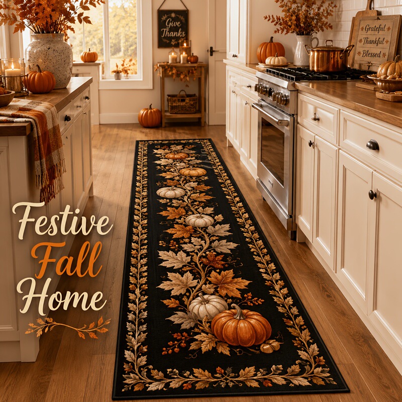 Cross-border Autumn Thanksgiving Long Crystal Velvet Floor Mat with Maple Leaf and Pumpkin Designs for Kitchen, Entryway, and Corridor Decoration in Bulk