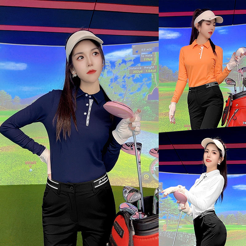 Áo polo nữ dài tay chơi golf co giãn cao họa tiết tương phản — Áo sơ mi POLO màu xanh nước biển [họa tiết Walvag/màu tương phản/độ đàn hồi cao] YF740, Áo sơ mi POLO màu trắng [họa tiết Wallace/tương phản màu/đàn hồi cao] YF740, Áo sơ mi POLO màu cam [họa tiết Walvgue/tương phản/đàn hồi cao] YF740