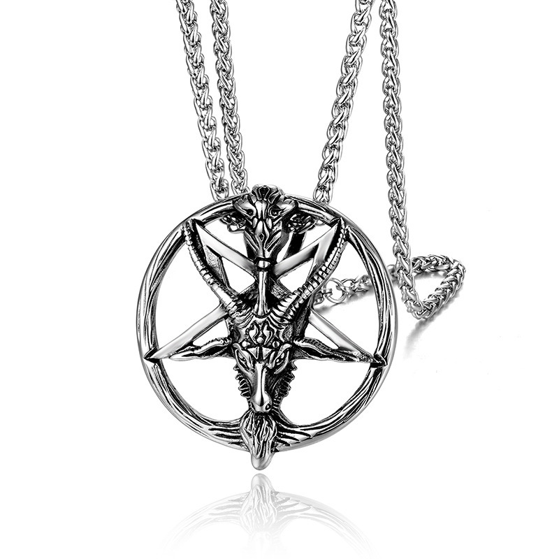Testa di scheletro in acciaio al titanio Testa di pecora Collana maschile Demone Dio Pan Shen Ciondolo circolare Ornamento pendente_voghion.com