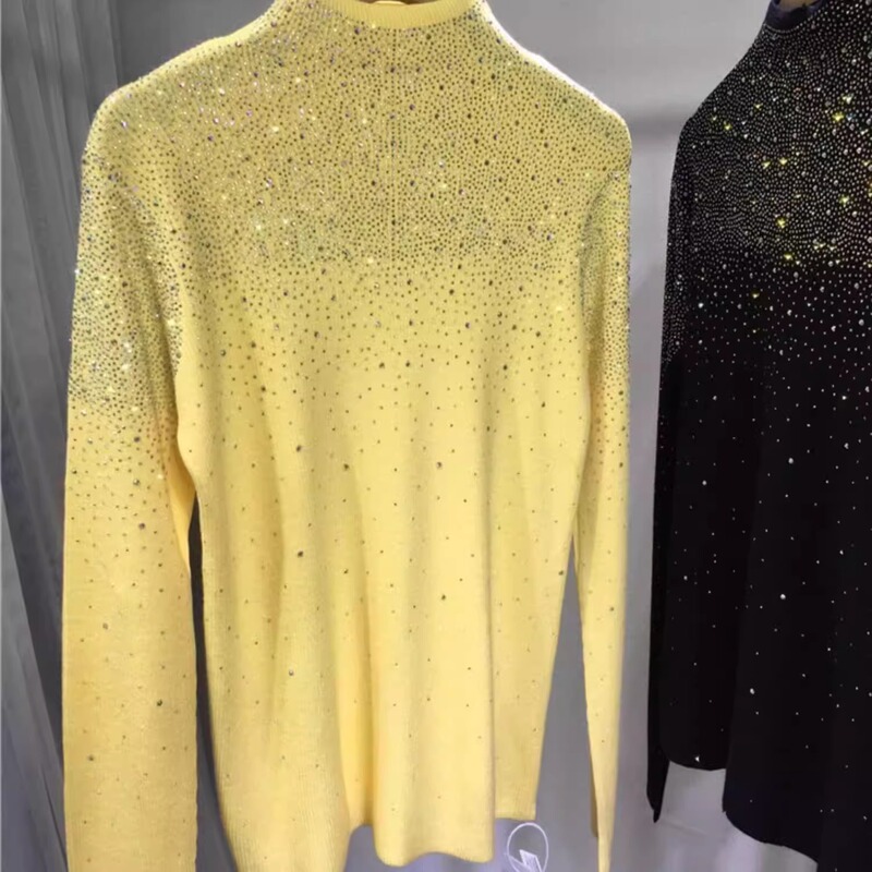 Fat M 1.00 kg-150.00 kg Extra Large Size Autumn and Winter Heavy Industry Rhinestone Sweater Women's Tight High Neck Knitted Slimming Thickened Base Shirt