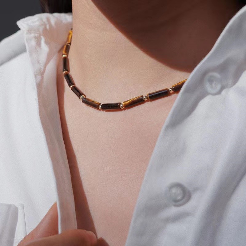 16g Weight Necklace Classification 1 Piece Quantity Street Occasion Vintage Style Geometric Natural Stone Tiger Eye 18k Gold Plated Necklace In Bulk