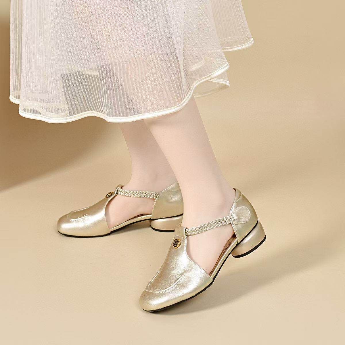 Sandal nữ da thật mũi tròn gót thấp đế mềm quai dán ma thuật — màu đen chi tiết 6