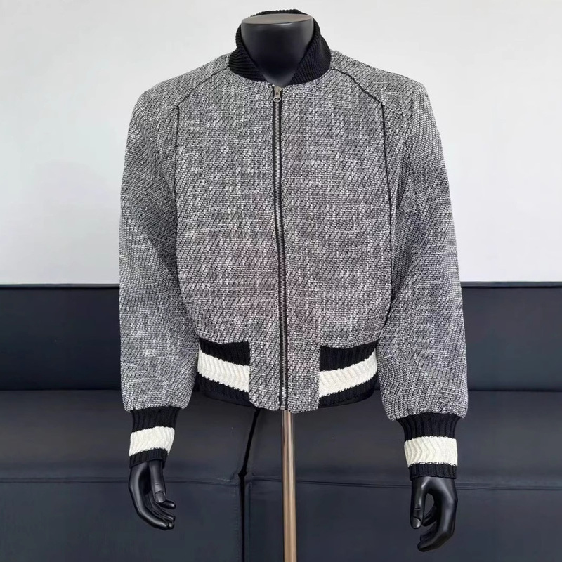 Autumn and Winter Men's Light Luxury Chanel Style Knitted Coarse Flower Baseball Suit Jacket Trendy Brand Zipper Profile Slim-fit Jacket Trendy