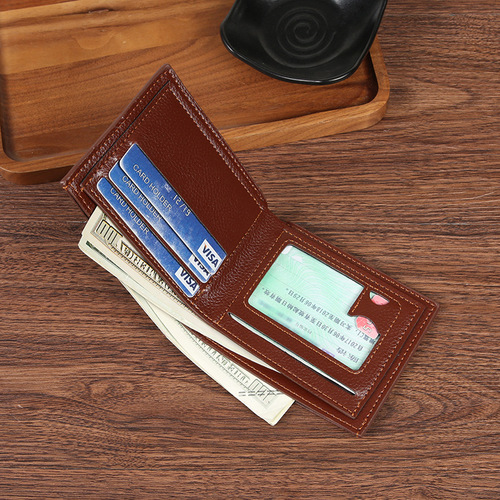 New men's wallet, short-style billfold, trendy casual design with lychee-patterned soft leather, multiple card slots, and large-capacity—perfect as a compact everyday wallet.