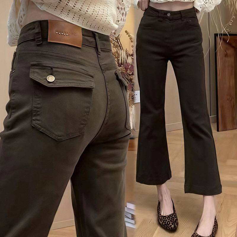 Women's coffee-colored, slightly flared workwear jeans, new autumn style, plus size, designed for pear-shaped figures, elastic and slimming, cropped length Women's coffee-colored, slightly flared workwear jeans, new autumn style, plus size, designed for pear-shaped figures, elastic and slimming, cropped length