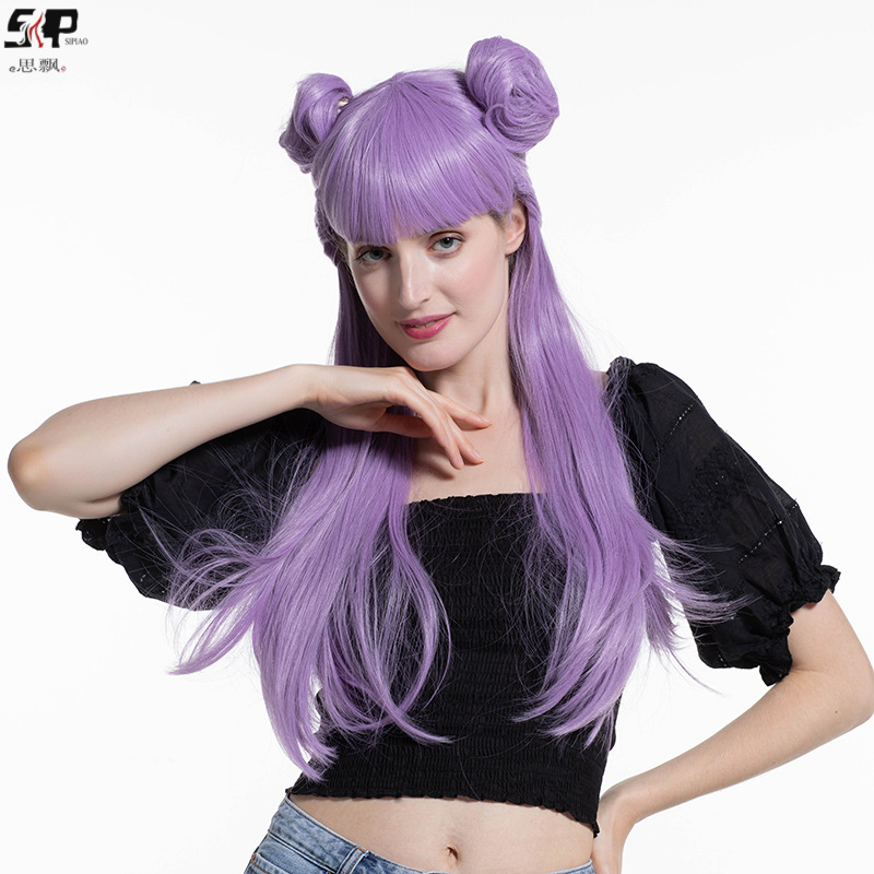 欧美假发长直发紫色双丸子齐刘海透气玫瑰网整顶头套cosplay-阿里巴巴