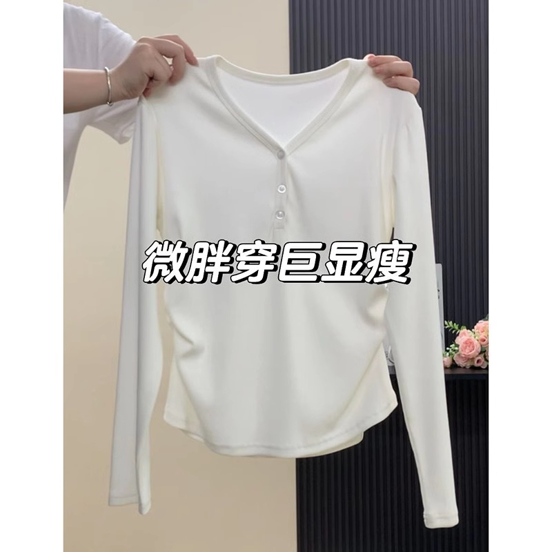 大码V领长袖灰色t恤女早秋正肩内搭打底衫胖MM遮肚子宽松棉上衣|undefined