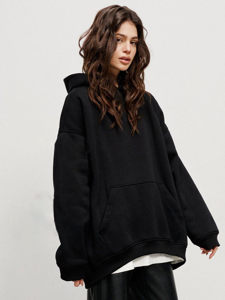 Áo hoodie nỉ lông dáng rộng có mũ và túi, tay dài, dáng unisex — Màu cà phê, Màu hồng, Màu xám, Màu đen chi tiết 59