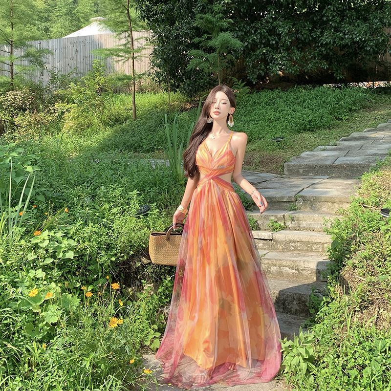 Beach Vacation Style, Beautiful Orange Floral Print Suspender Dress, Fairy-Like Pure and Alluring Temperament, Long Floor-Length Gauze Skirt