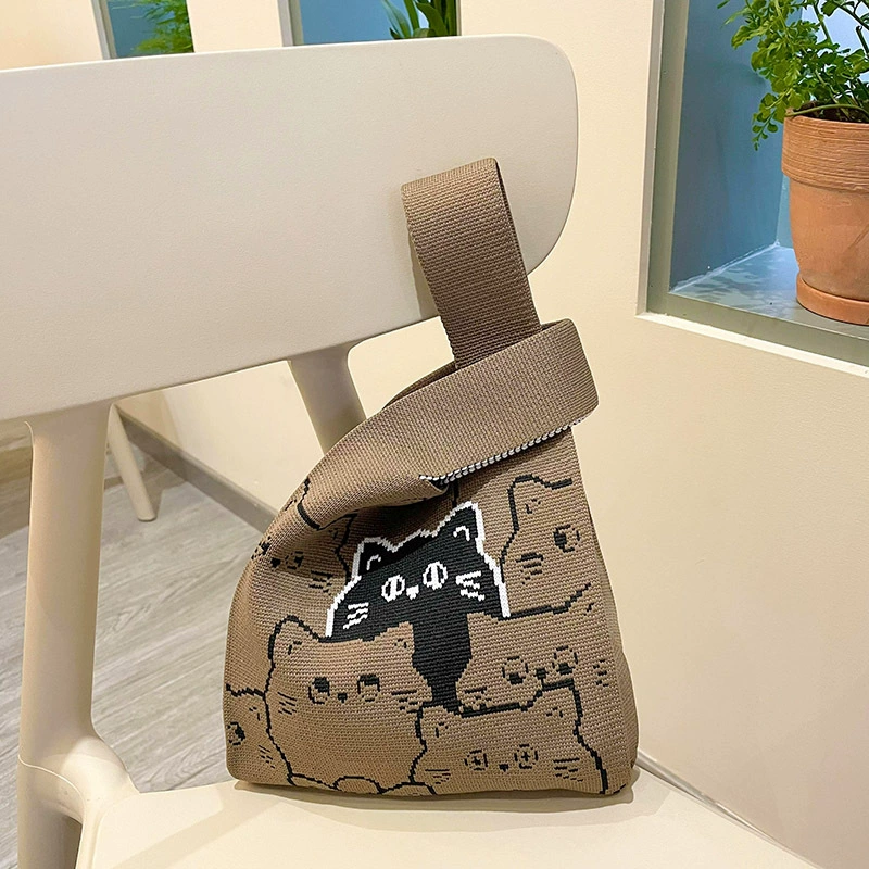 Knitted One-Shoulder Small Shoulder Bag, Cute Cat Pattern, Korean Style, Lightweight