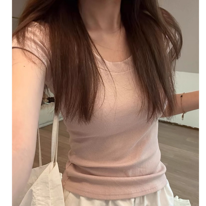 Korean-style Grey Pink U-collar Shoulder Short-sleeved T-shirt Women's Spring and Summer Slim-fit Slimming All-match Base Top